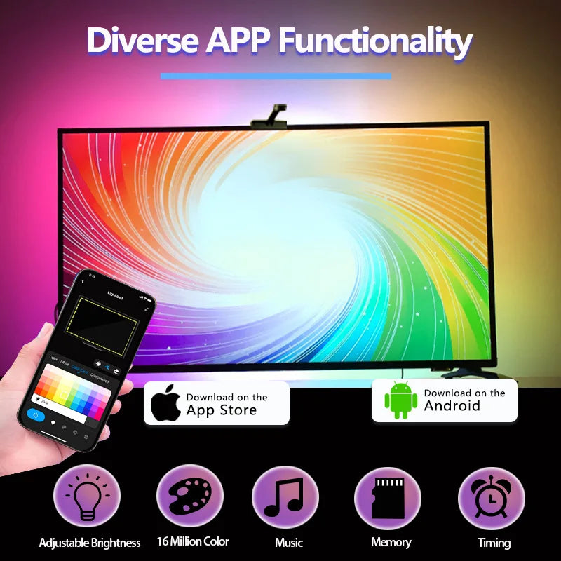 Smart RGBIC LED TV Backlight Strip with Camera – Music Sync & App Control (55–75”)