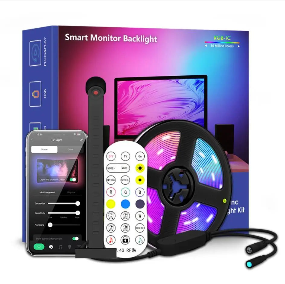 Smart RGBIC LED TV Backlight Strip with Camera – Music Sync & App Control (55–75”)