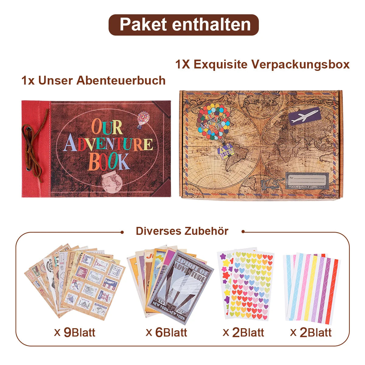 "Our Adventure Book" – Handmade Vintage DIY Scrapbook (40 Pages + Accessories)