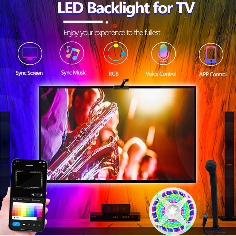 Smart RGBIC LED TV Backlight Strip with Camera – Music Sync & App Control (55–75”)