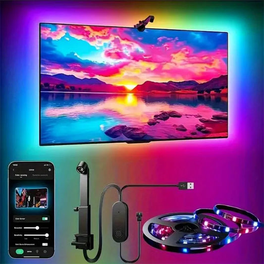 Smart RGBIC LED TV Backlight Strip with Camera – Music Sync & App Control (55–75”)