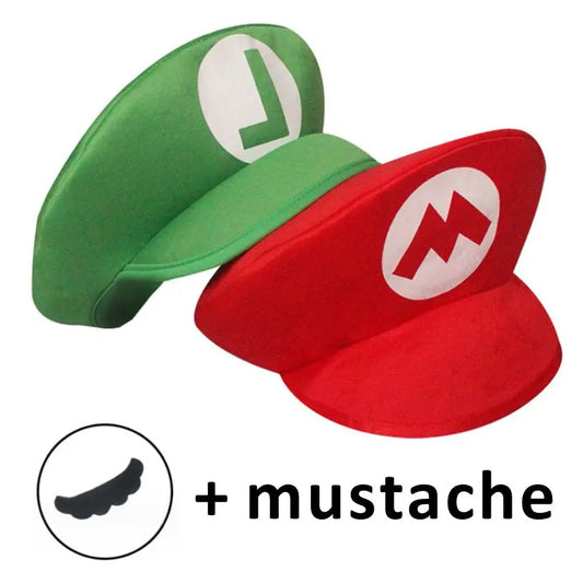 Super Bros Cosplay Hat + Moustache – Mario & Luigi Costume Set