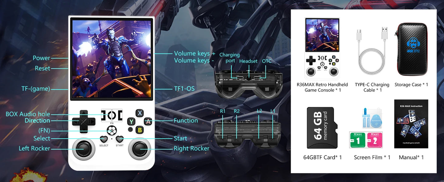 R36 MAX Retro Gaming Console – 18,000+ Games, 64GB, 3.5" IPS Screen, 4000mAh Battery
